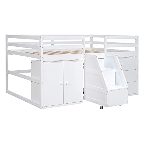 MOEO Full Size Functional Loft Bed with Cabinet, 3 Drawers and Hanging Clothes at The Back of The Staircase, Wooden Bedframe w/Movable Wheels, Maximum Space Design for Kids Bedroom, White