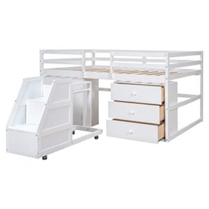 MOEO Full Size Functional Loft Bed with Cabinet, 3 Drawers and Hanging Clothes at The Back of The Staircase, Wooden Bedframe w/Movable Wheels, Maximum Space Design for Kids Bedroom, White