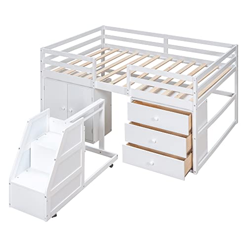 MOEO Full Size Functional Loft Bed with Cabinet, 3 Drawers and Hanging Clothes at The Back of The Staircase, Wooden Bedframe w/Movable Wheels, Maximum Space Design for Kids Bedroom, White