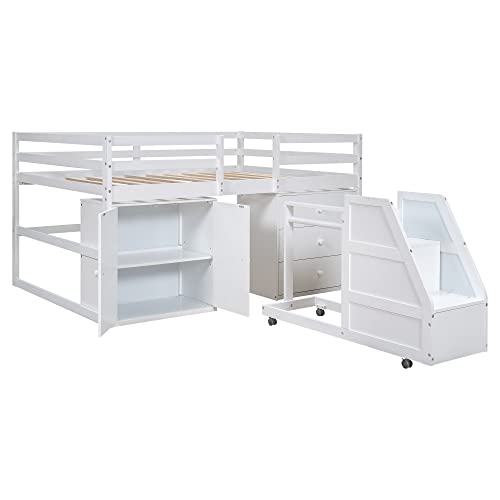 MOEO Full Size Functional Loft Bed with Cabinet, 3 Drawers and Hanging Clothes at The Back of The Staircase, Wooden Bedframe w/Movable Wheels, Maximum Space Design for Kids Bedroom, White