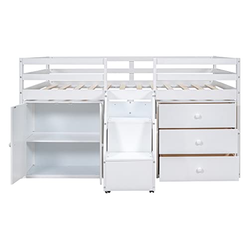 MOEO Full Size Functional Loft Bed with Cabinet, 3 Drawers and Hanging Clothes at The Back of The Staircase, Wooden Bedframe w/Movable Wheels, Maximum Space Design for Kids Bedroom, White