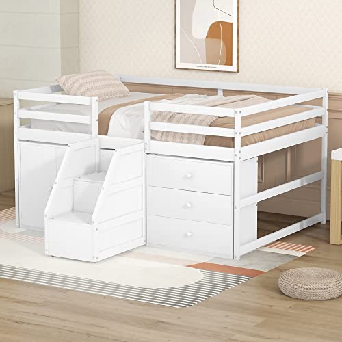 MOEO Full Size Functional Loft Bed with Cabinet, 3 Drawers and Hanging Clothes at The Back of The Staircase, Wooden Bedframe w/Movable Wheels, Maximum Space Design for Kids Bedroom, White