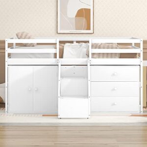 MOEO Full Size Functional Loft Bed with Cabinet, 3 Drawers and Hanging Clothes at The Back of The Staircase, Wooden Bedframe w/Movable Wheels, Maximum Space Design for Kids Bedroom, White