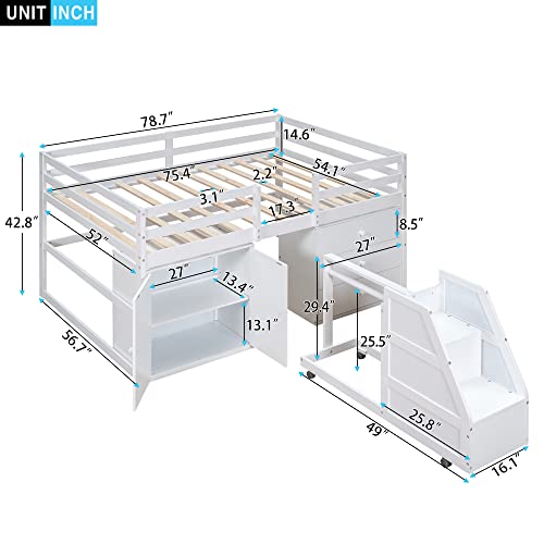 MOEO Full Size Functional Loft Bed with Cabinet, 3 Drawers and Hanging Clothes at The Back of The Staircase, Wooden Bedframe w/Movable Wheels, Maximum Space Design for Kids Bedroom, White