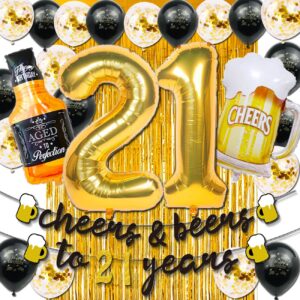 21st birthday decorations for him, 21st birthday decorations with 40 inch gold 21 number balloons, cheers to 21 years banner,fringe curtains and cups foil balloons