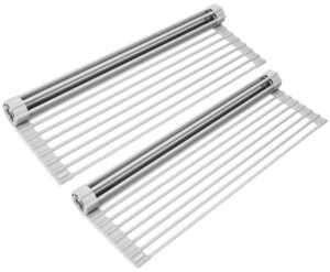 surpahs over sink foldable multipurpose roll-up dish drying rack, silicone wrapped stainless steel,warm gray, 20.5" x 15.5" (pack of 2)