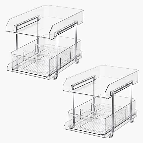 SANNO 2 Tier Clear Organizer with Dividers, Kitchen Pantry Pull-Out Under Sink Organizer Sliding Storage Drawers Baskets, Medicine Bins Bathroom Vanity Counter Organizing Tray