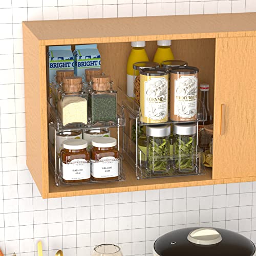 SANNO 2 Tier Clear Organizer with Dividers, Kitchen Pantry Pull-Out Under Sink Organizer Sliding Storage Drawers Baskets, Medicine Bins Bathroom Vanity Counter Organizing Tray
