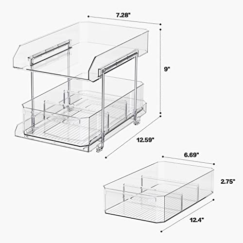 SANNO 2 Tier Clear Organizer with Dividers, Kitchen Pantry Pull-Out Under Sink Organizer Sliding Storage Drawers Baskets, Medicine Bins Bathroom Vanity Counter Organizing Tray