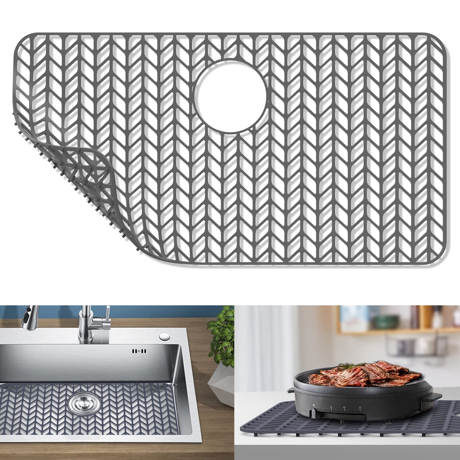 AWOKE Sink Protectors for Kitchen Sink - 28.4"x 15.2" Sink Mat - Heat-resistant Easy-clean Silicone Sink Mat - for Protection of Stainless Steel Sink - with Rear Drain (Grey)