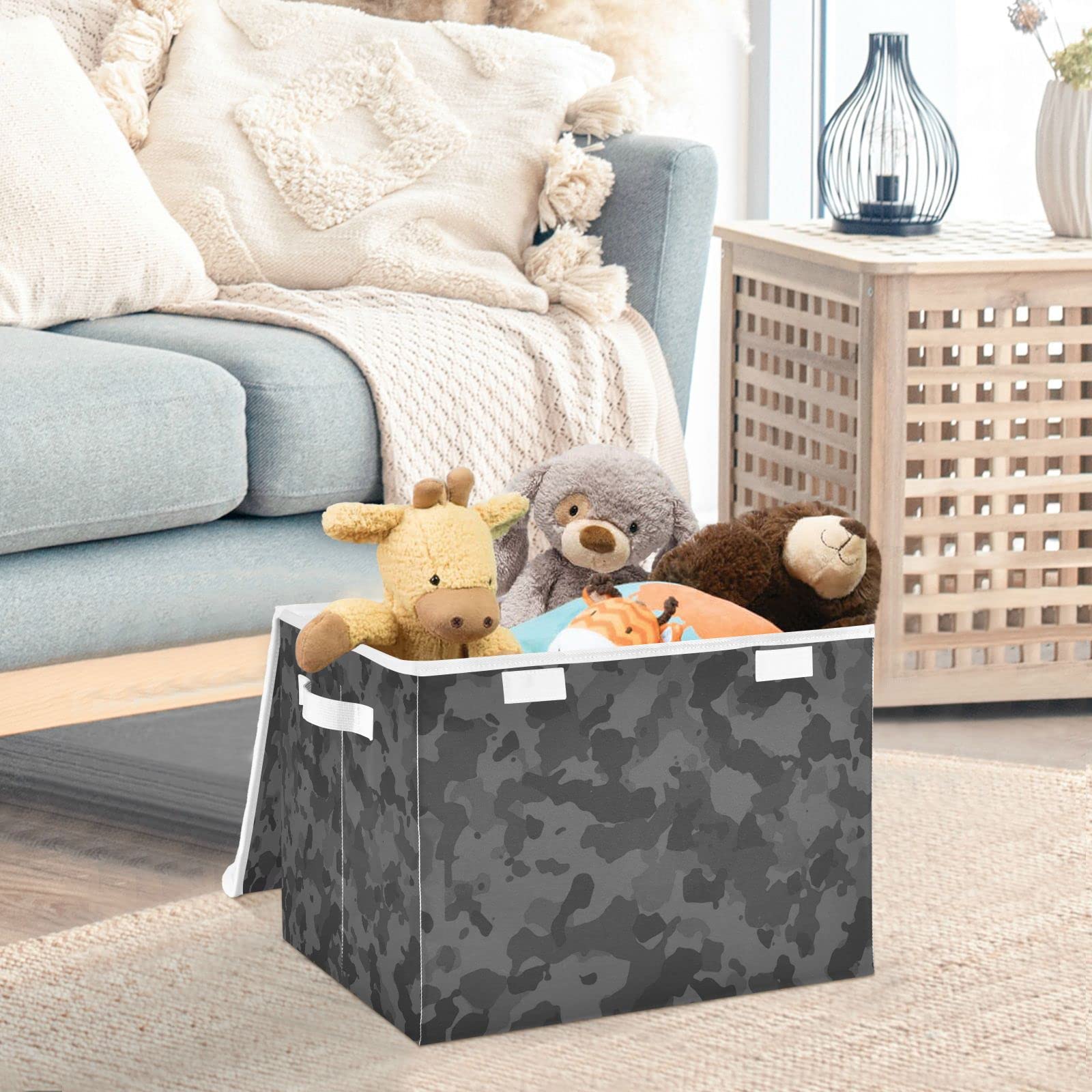 Kigai Storage Basket Black Camo Storage Boxes with Lids and Handle, Large Storage Cube Bin Collapsible for Shelves Closet Bedroom Living Room, 16.5x12.6x11.8 In