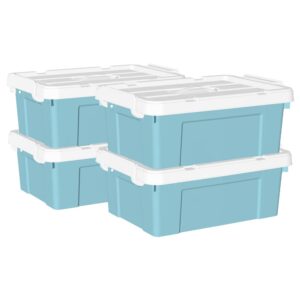 cetomo lidded storage bin with handle, tote organizing container with durable lid and secure latching buckles, stackable and nestable, plastic, 16 quart-4 pack, blue