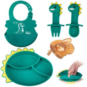 5 pack silicone baby feeding set, 1 pack divided toddler suction plates 1pack fork and spoon with 1pack baby bibs, baby led weaning supplies baby dishes set infant self feeding eating utensils - green