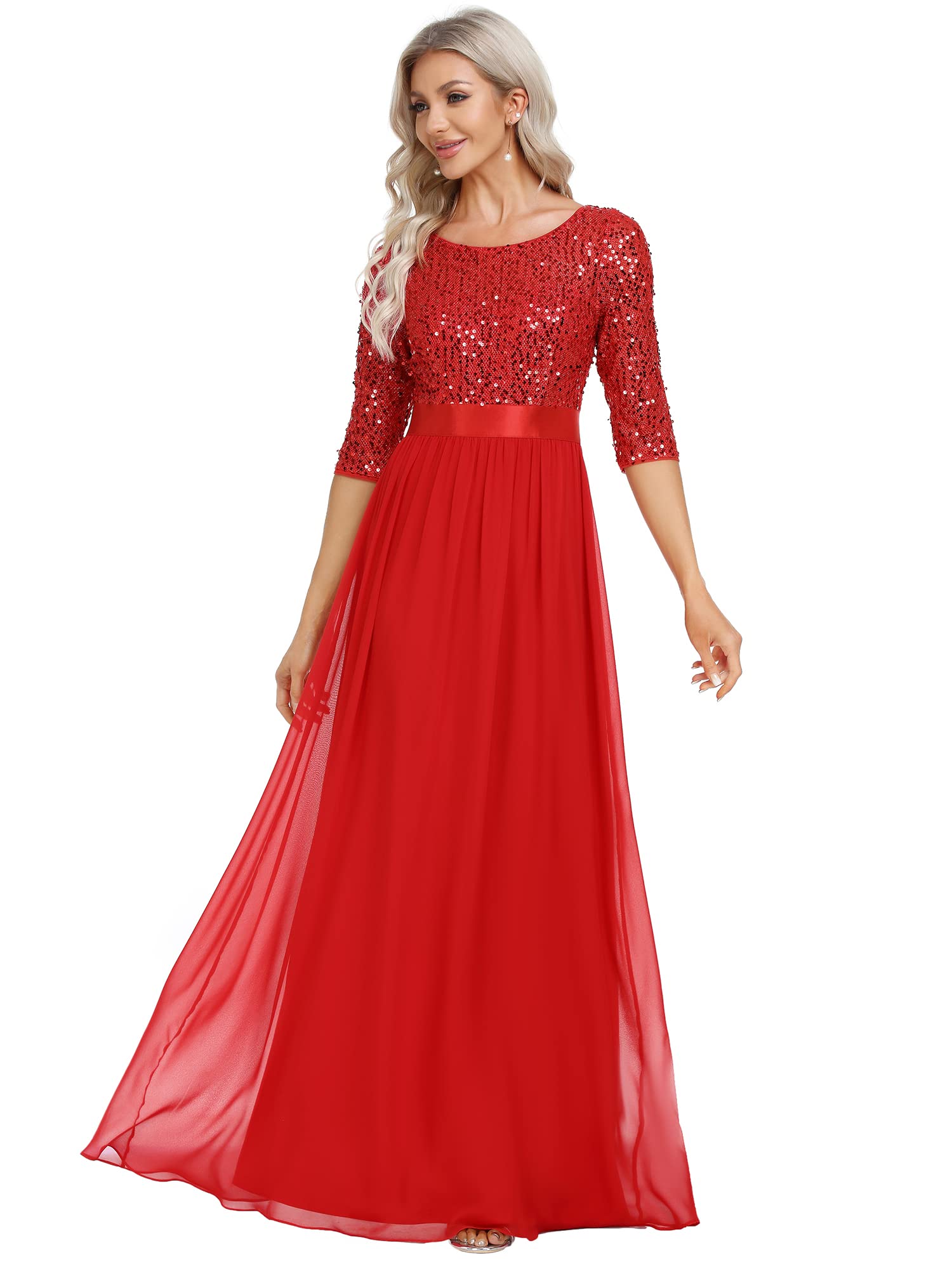 Ever-Pretty Women's Elegant A Line Crew Neck Half Sleeve Sequin Maxi Evening Dress Red US10