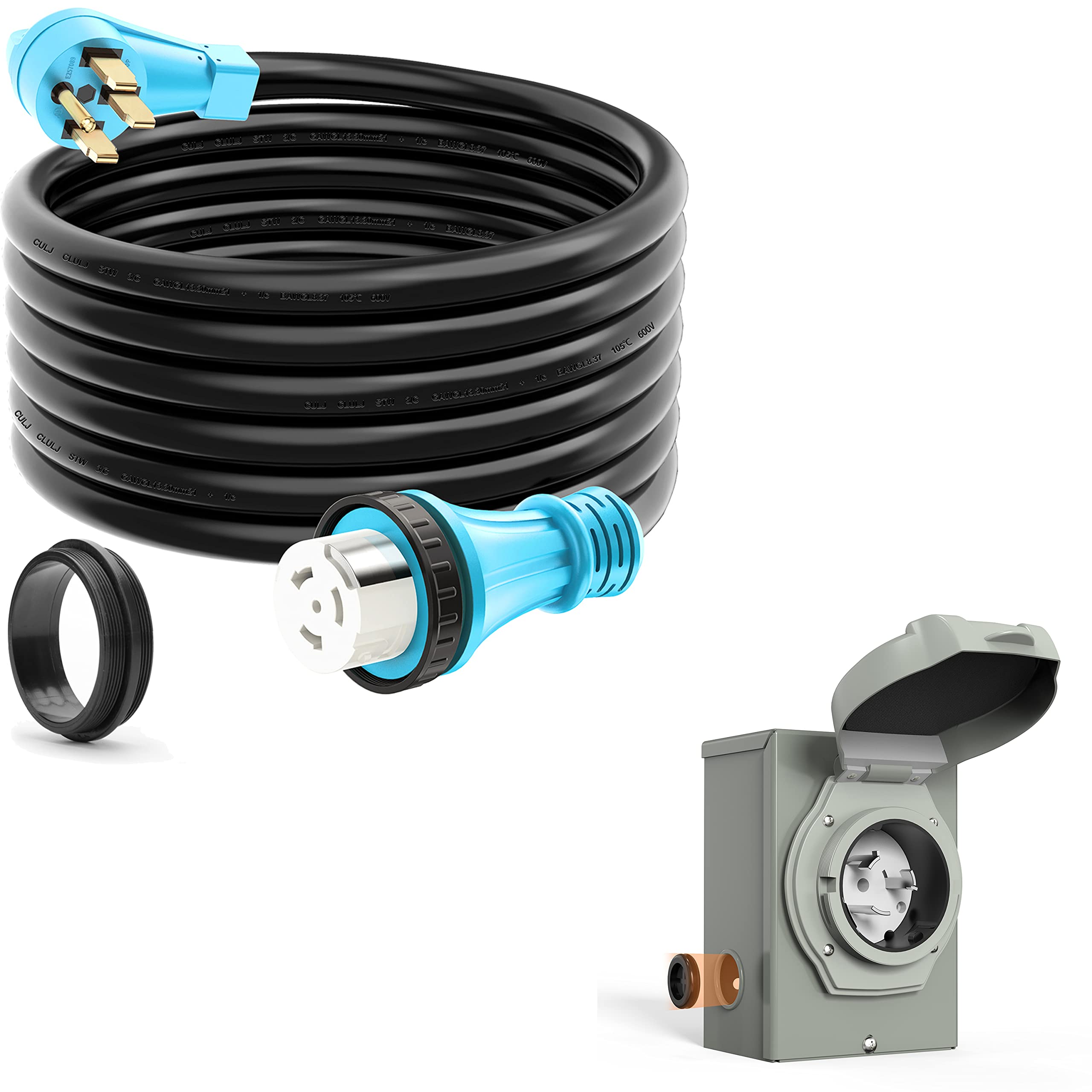 CircleCord ETL Listed 50 Amp 25 Feet RV/Generator Cord with Locking Connector 50 Amp Generator Power Inlet Box