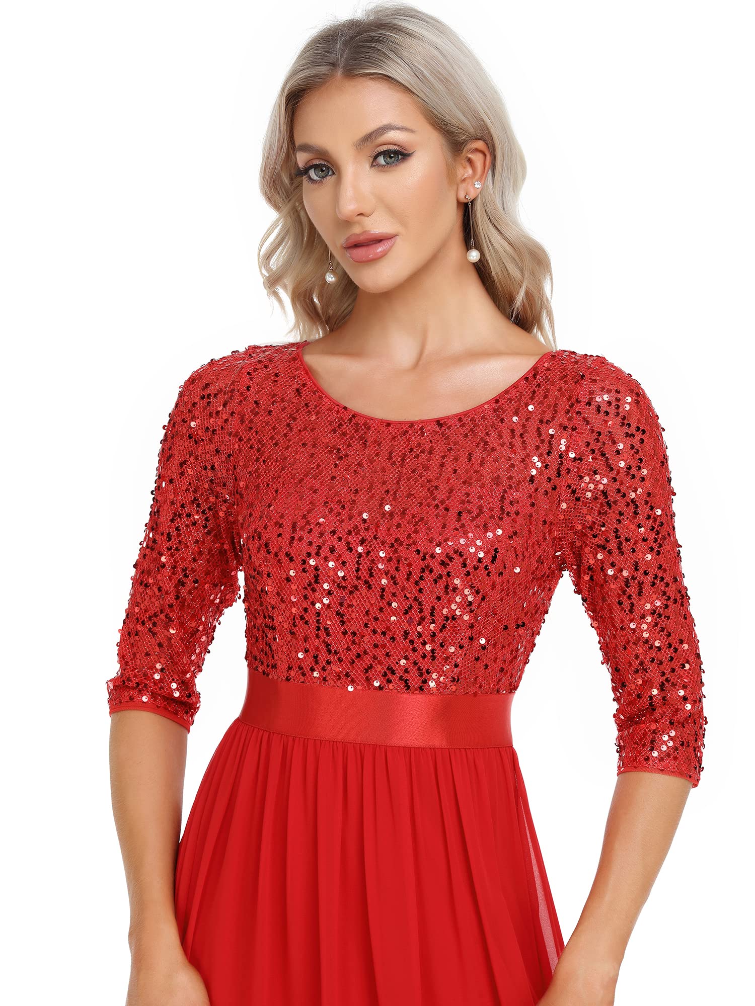 Ever-Pretty Women's Elegant A Line Crew Neck Half Sleeve Sequin Maxi Evening Dress Red US14