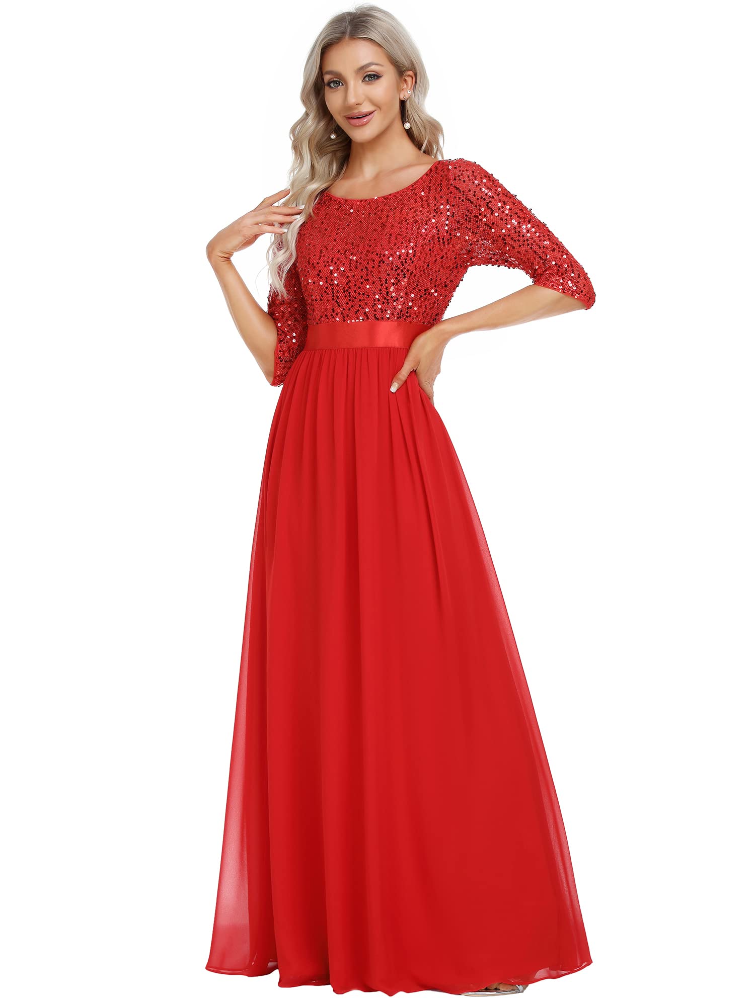 Ever-Pretty Women's Elegant A Line Crew Neck Half Sleeve Sequin Maxi Evening Dress Red US14