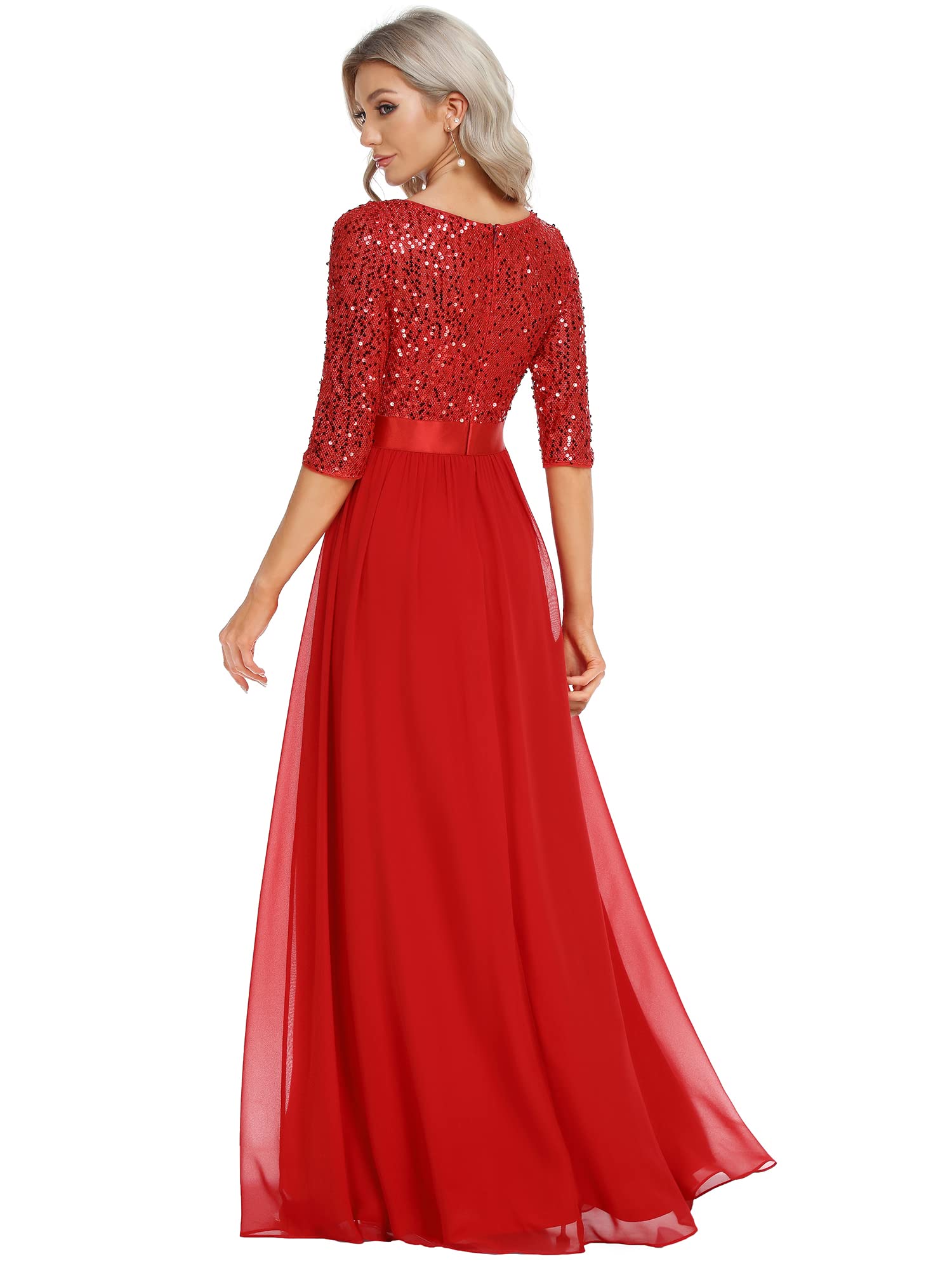 Ever-Pretty Women's Elegant A Line Crew Neck Half Sleeve Sequin Maxi Evening Dress Red US14