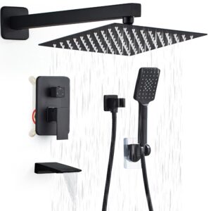 lcevcgk shower faucet set complete matte black shower system with 10 inch square rainfall shower head 3-function handheld shower waterfall bathtub spout rain shower combo set bathroom wall mounted
