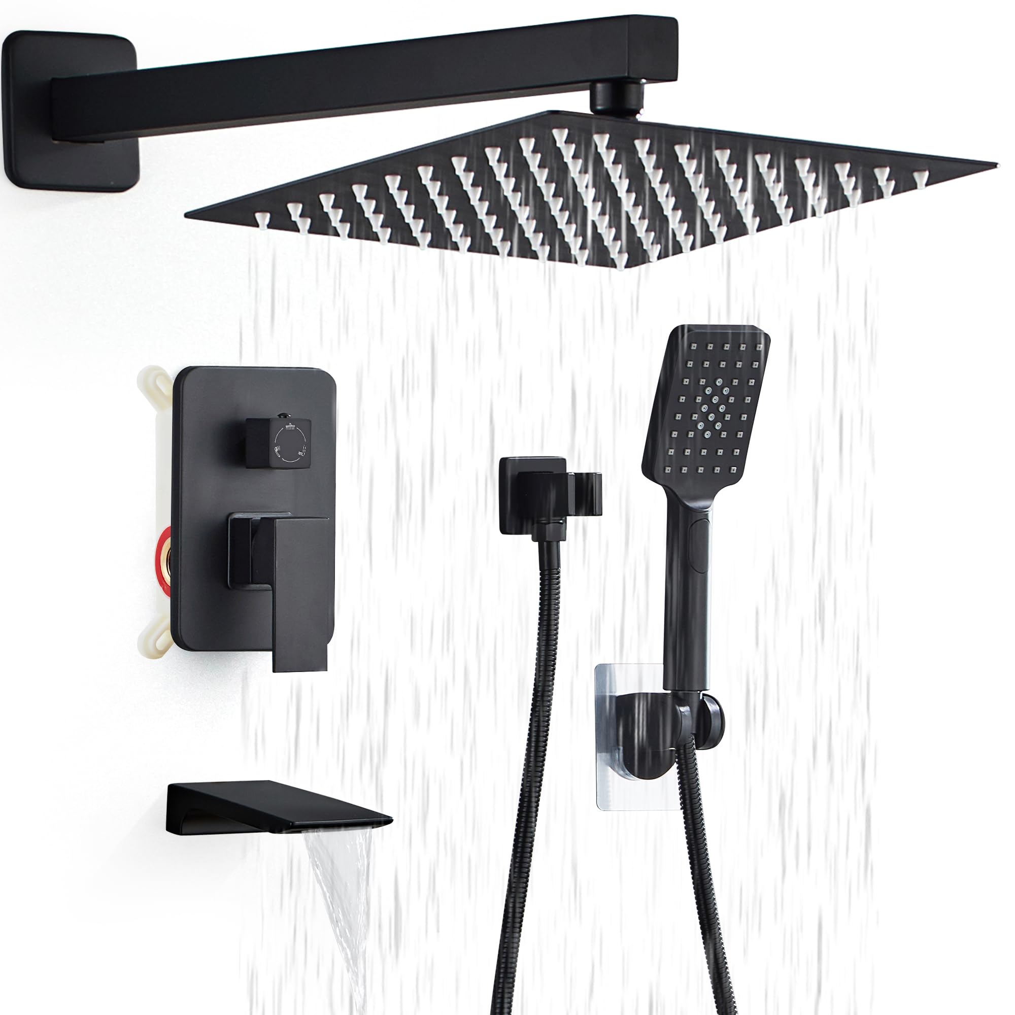 LCEVCGK Shower Faucet Set Complete Matte Black Shower System with 10 inch Square Rainfall Shower Head 3-Function Handheld Shower Waterfall Bathtub Spout Rain Shower Combo Set Bathroom Wall Mounted