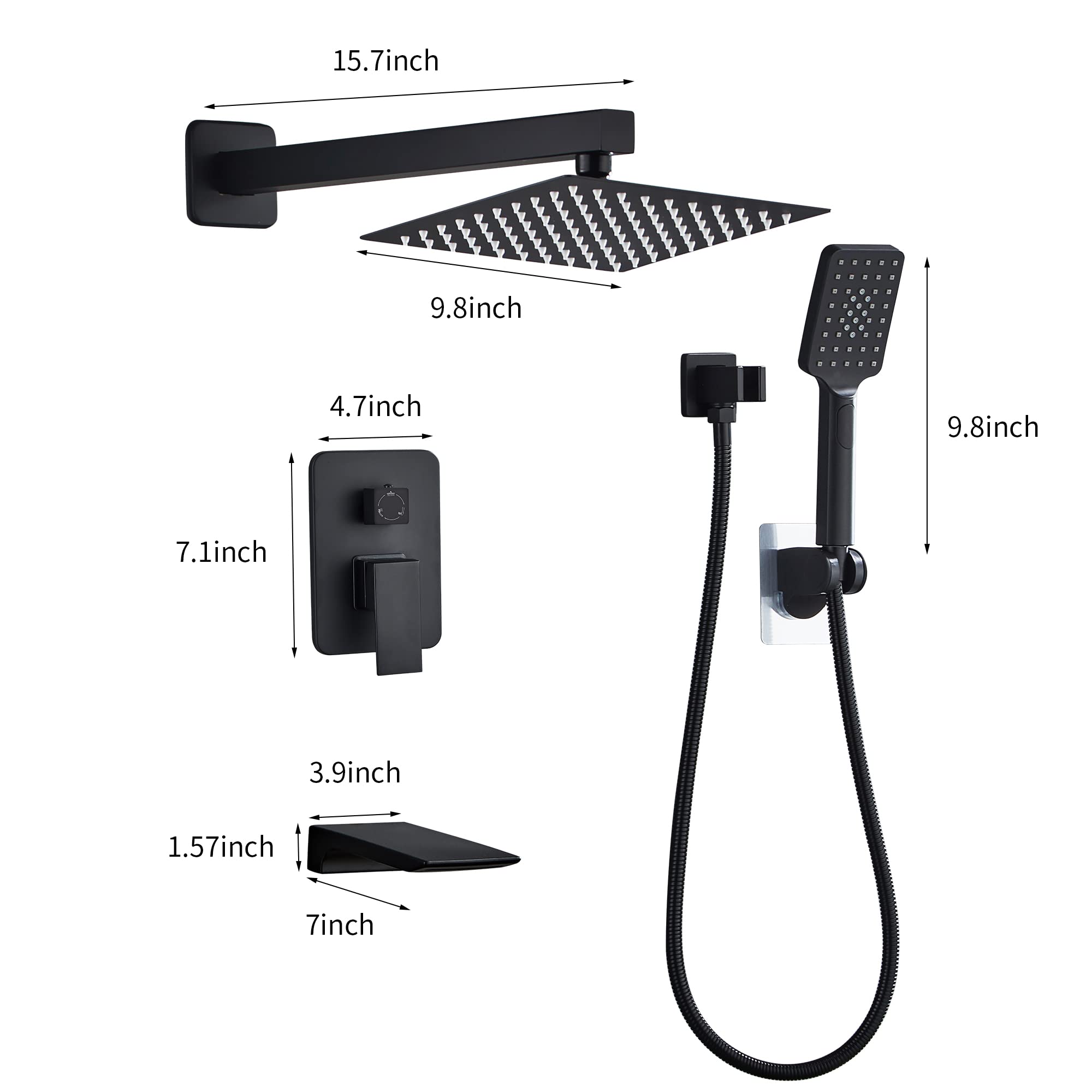 LCEVCGK Shower Faucet Set Complete Matte Black Shower System with 10 inch Square Rainfall Shower Head 3-Function Handheld Shower Waterfall Bathtub Spout Rain Shower Combo Set Bathroom Wall Mounted