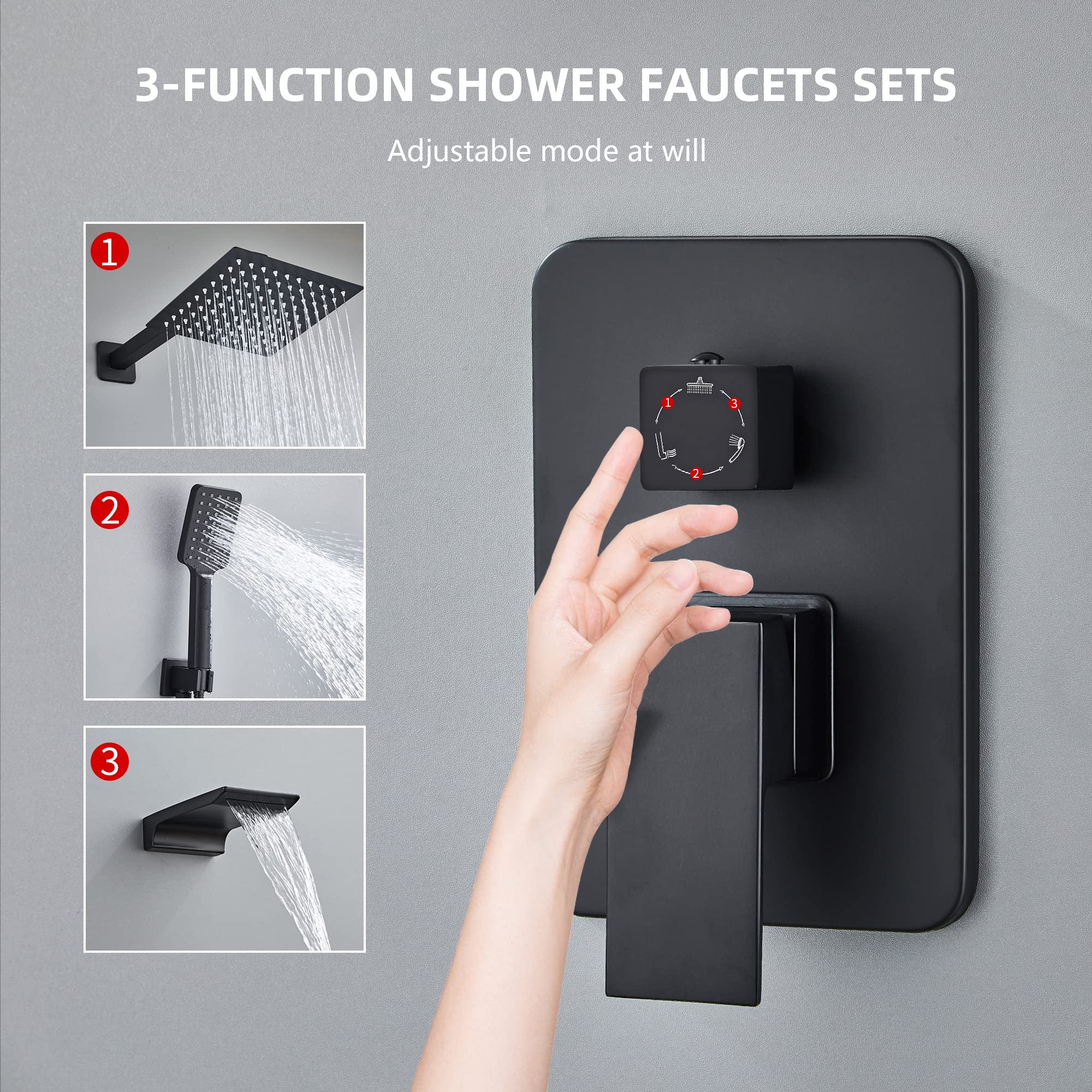 LCEVCGK Shower Faucet Set Complete Matte Black Shower System with 10 inch Square Rainfall Shower Head 3-Function Handheld Shower Waterfall Bathtub Spout Rain Shower Combo Set Bathroom Wall Mounted