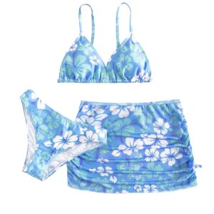 COZYEASE Girls' 3 Piece Set Floral Print Bikini Swimsuit with Drawstring Beach Skirt Cute Ruched Bathing Suit Multicolor Blue 14 Years