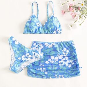 COZYEASE Girls' 3 Piece Set Floral Print Bikini Swimsuit with Drawstring Beach Skirt Cute Ruched Bathing Suit Multicolor Blue 14 Years