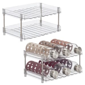 mdesign free-stand stackable 2-tier bottle holder, 8 small bottles, 6 large bottles of water, wine - drink organizer shelf for kitchen counter, cabinet, pantry, fridge, freezer, 2 pack, clear/polished