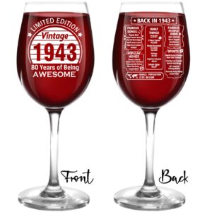 QUPT 80th Birthday Gifts for Men Women Friends, Vintage 1943 Printed 16oz Stemmed Wine Glass - Double-sided Printing Birthday Wine Glass - Back in 1943 Old Time Information