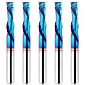 eanosic 5pcs spiral router bits up/down cut compression bit 1/4 inch cutting diameter with nano blue coated, 1/4 inch shank solid carbide cnc end mill for wood carving engraver milling cutters