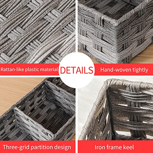 Toilet Tank Topper Paper Basket Multiuse Hand Woven Plastic Wicker Basket Bins with Divider for Shelves Rustic Farmhouse Bathroom Decor Countertop Organizer Storage