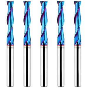 eanosic 5pcs upcut spiral router bit 1/4 inch shank, 1/4 inch cutting diameter, extra long 3 inch solid carbide with nano blue coating cnc router bits end mill for wood cut, carving