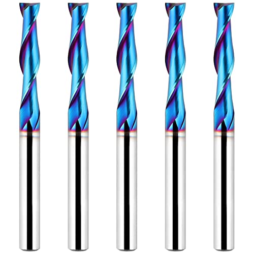 EANOSIC 5PCS Upcut Spiral Router Bit 1/4 inch Shank, 1/4 inch Cutting Diameter, Extra Long 3 inch Solid Carbide with Nano Blue Coating CNC Router Bits End Mill for Wood Cut, Carving