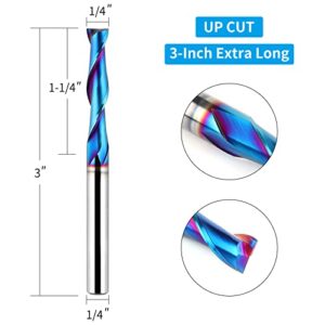 EANOSIC 5PCS Upcut Spiral Router Bit 1/4 inch Shank, 1/4 inch Cutting Diameter, Extra Long 3 inch Solid Carbide with Nano Blue Coating CNC Router Bits End Mill for Wood Cut, Carving