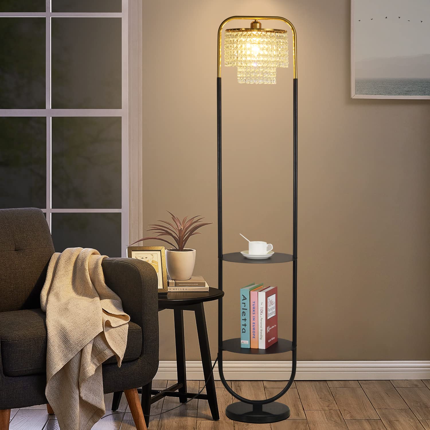 beaysyty Modern Elegant with Double Tray Crystal Floor Lamp for Office Cafe Den Living Room Bedroom,Foot Switch and Black Finish,Crystal Lampshade Arc Floor Lamp