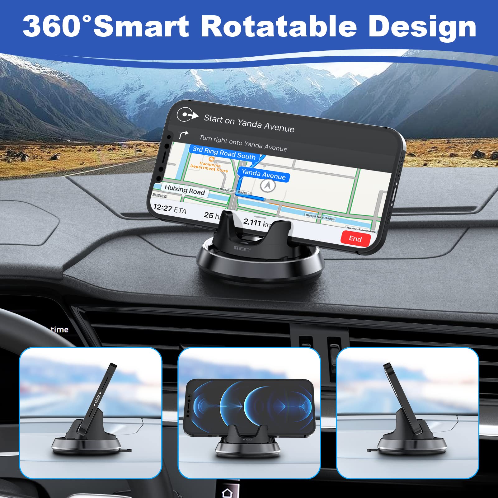 MEIDI Dashboard Phone Holder, Car Phone Holder Mount, Thickness Adjustable Car Cell Phone Cradle, 360°Rotatable Car Mat Compatible with iPhone,Samsung,Android Smartphones