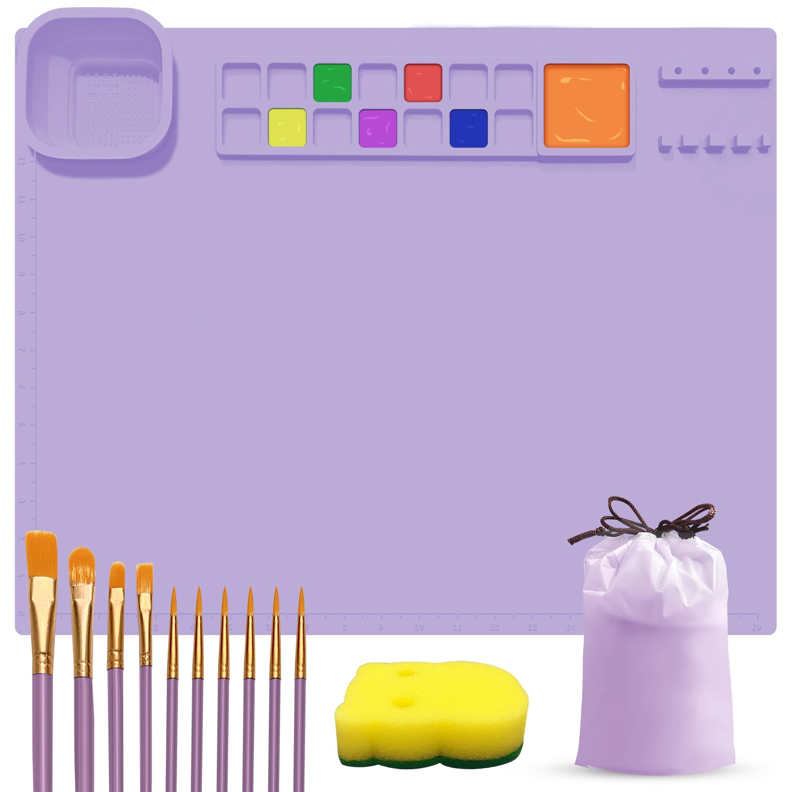 TobNeo Silicone Painting Mat with Detachable Cleaning Cup, 20"x16" Silicone Art Mat Non-Stick Silicone Craft Mat with 10 Brushes, Sponge, Drawstring Bag for Paint, Art, Clay, DIY(Purple)