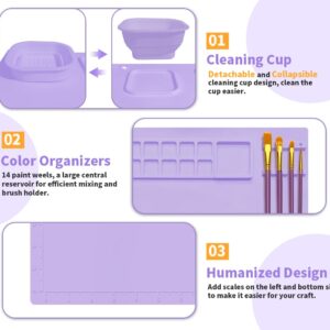 TobNeo Silicone Painting Mat with Detachable Cleaning Cup, 20"x16" Silicone Art Mat Non-Stick Silicone Craft Mat with 10 Brushes, Sponge, Drawstring Bag for Paint, Art, Clay, DIY(Purple)