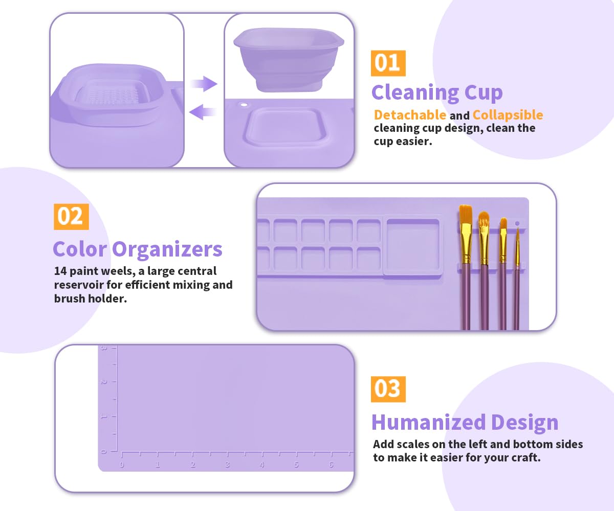 TobNeo Silicone Painting Mat with Detachable Cleaning Cup, 20"x16" Silicone Art Mat Non-Stick Silicone Craft Mat with 10 Brushes, Sponge, Drawstring Bag for Paint, Art, Clay, DIY(Purple)