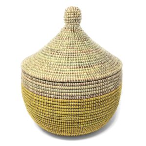 african fair trade handwoven warming basket with lid, lemon dipped yellow