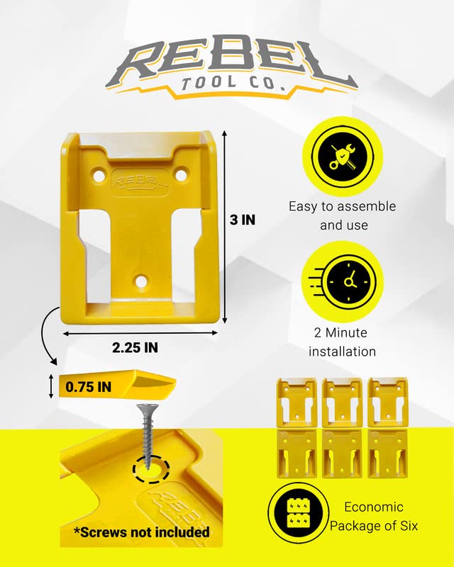 RebelToolCo Battery Holder Wall Mount (6 Pack) Battery Holder Mounts. Compatible with 20V & 60V DeWalt Cordless Batteries. Tool Holder Storage Organizer for Battery, Accessories, & Tool Organization.
