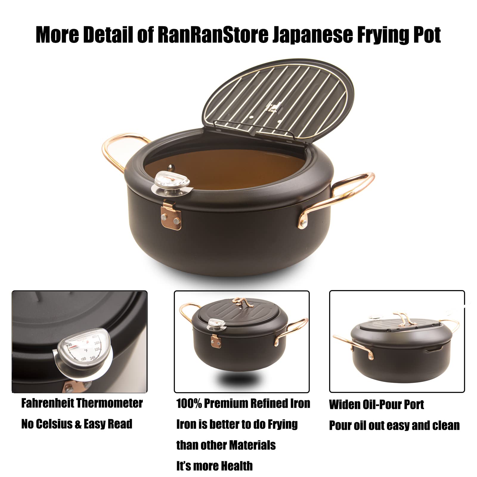 Cyrder Japanese Tempura Deep Fryer Pot 3.5L- Fahrenheit Thermometer, Nonstick Coating, Easy Clean, Heatup Fast, Big Exquisite Black Oil Fryer, 10inch