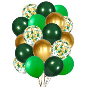 we moment 12 inch green balloons dark green balloons and chrome gold balloon with confetti balloons，for st. patrick's day jungle safari theme baby shower party decoations.