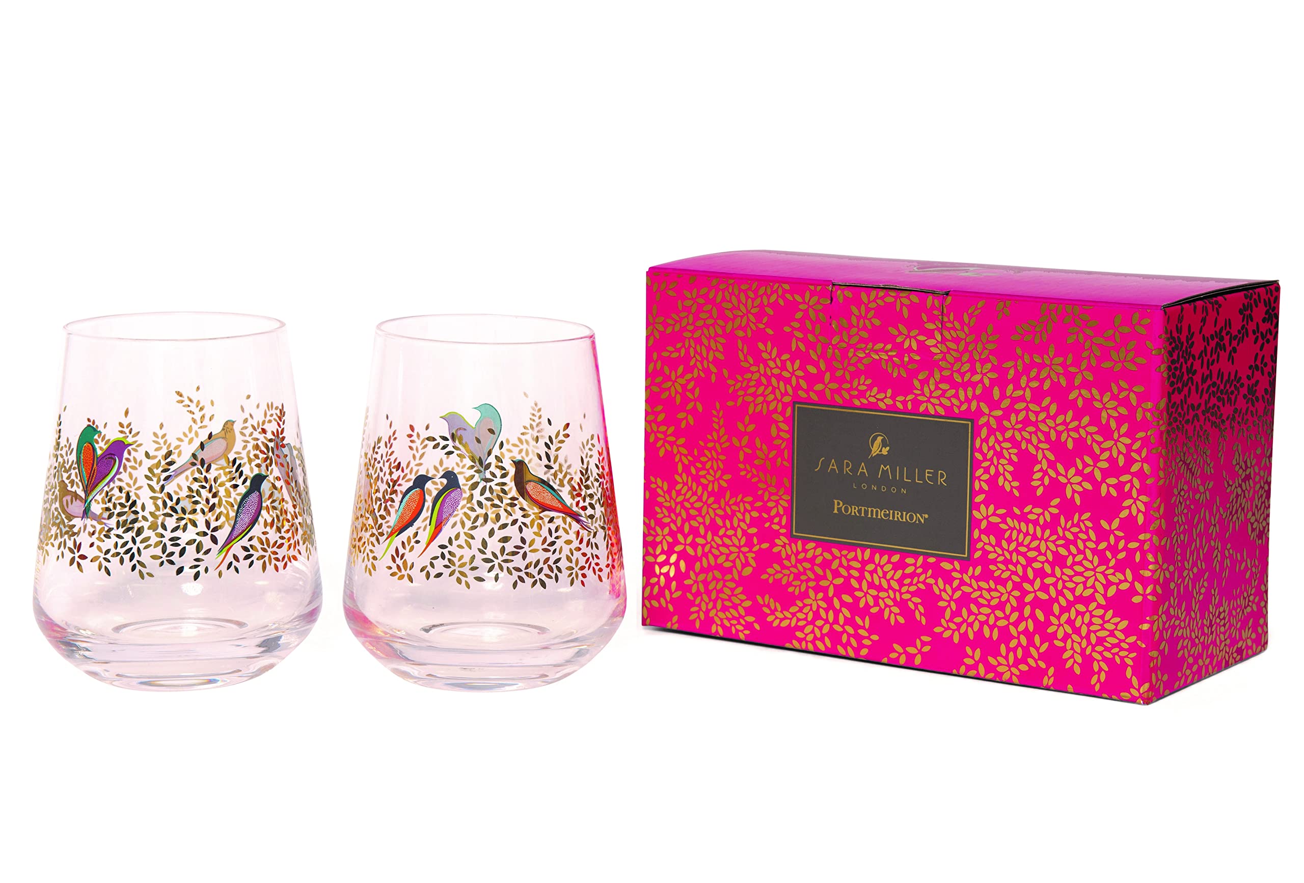 Spode Sara Miller London Chelsea Tumblers | Set of 2 | 14 Oz Stemless Glasses for Ros, Red, or White Wine | Colorful Birds Design | Handwash Only