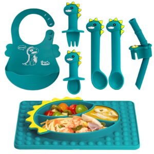bozily baby plates with suction,7pack baby feeding supplies set,self feeding baby utensils toddler spoons and forks led weaning bibs silicone supplies