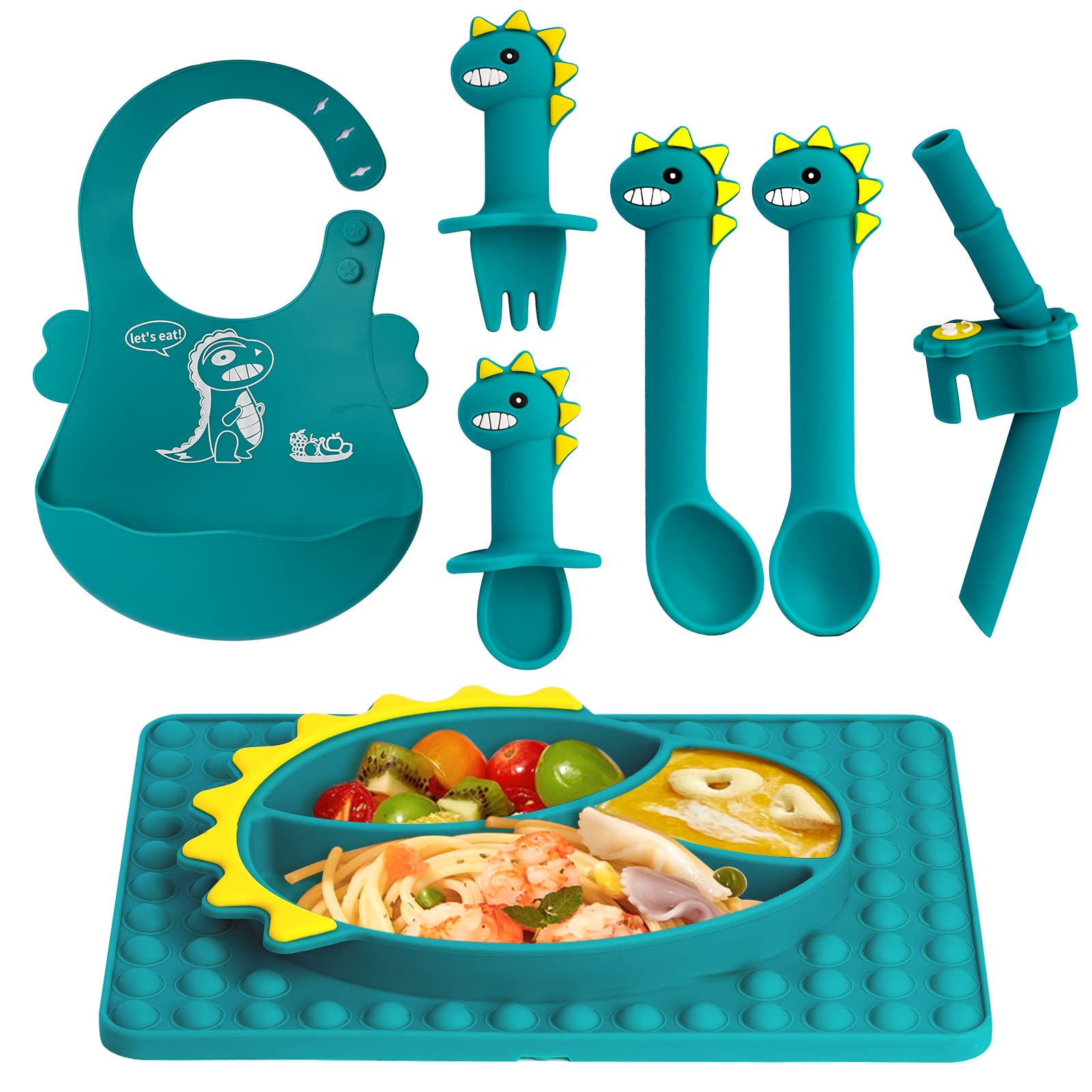 BOZILY Baby Plates With Suction,7Pack Baby Feeding Supplies Set,Self Feeding Baby Utensils Toddler Spoons And Forks Led Weaning Bibs Silicone Supplies