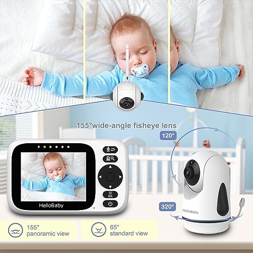 HelloBaby Baby Monitor with 3.2'' IPS Screen - Baby Camera Monitor with Remote Pan-Tilt-Zoom Camera No WiFi, Infrared Night Vision, 1000ft Wireless Connection