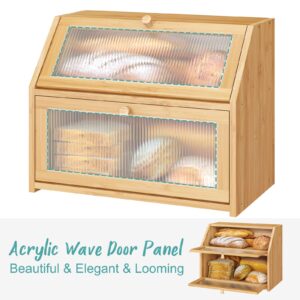 Vriccc Large Bread Box for Kitchen Counter, Double Layer Bamboo Wooden Large Capacity Bread Storage Bin with Acrylic Wavy Door Panel