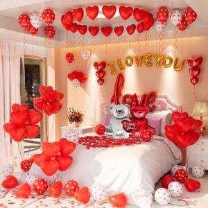 Valentines Day Balloons Decorations I Love You Balloons and Heart Balloons Kit with 1000Pcs Red Silk Rose Petals Flower Decoration Love-Bear Heart Print Balloons Banner for Valentine Party Decorations